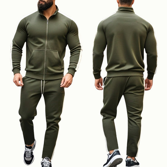 Autumn And Winter Two-piece Set Contrast Color Stand-up Collar Casual Sports Jacket Sweater Men's Suit