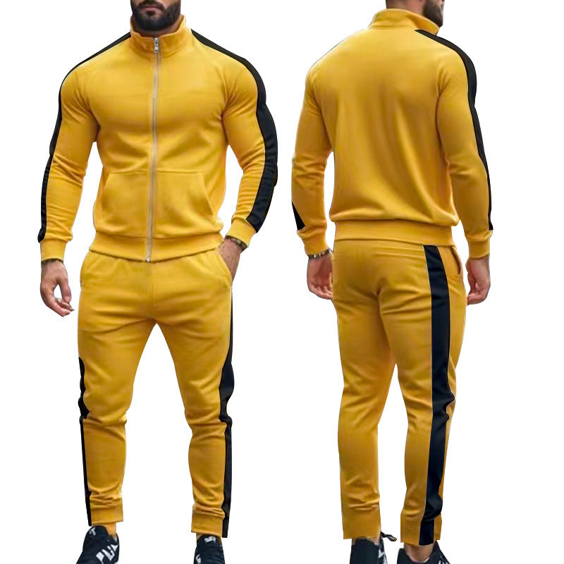 Autumn And Winter Two-piece Set Contrast Color Stand-up Collar Casual Sports Jacket Sweater Men's Suit